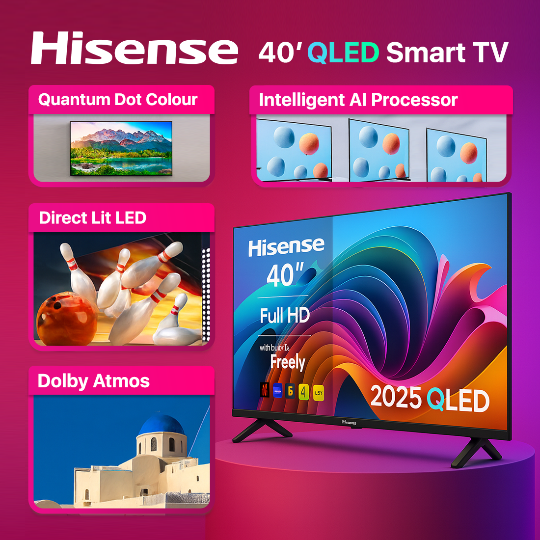 Hisense 40" Smart Full HD QLED TV – Quantum Dot Colour & Freely TV (2025 Model)