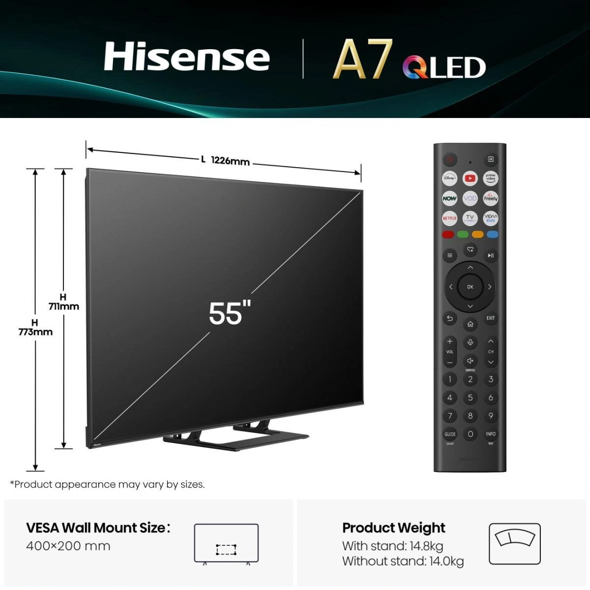 Hisense 55" A7Q QLED Smart TV | 4K UHD, Dolby Vision, Freely, VIDAA – 55A7QTUK