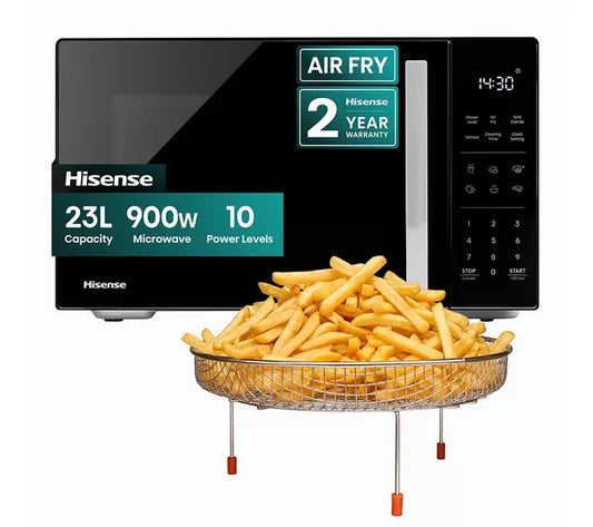 Hisense 23L 900W air fryer microwave in black with air frying basket and chips