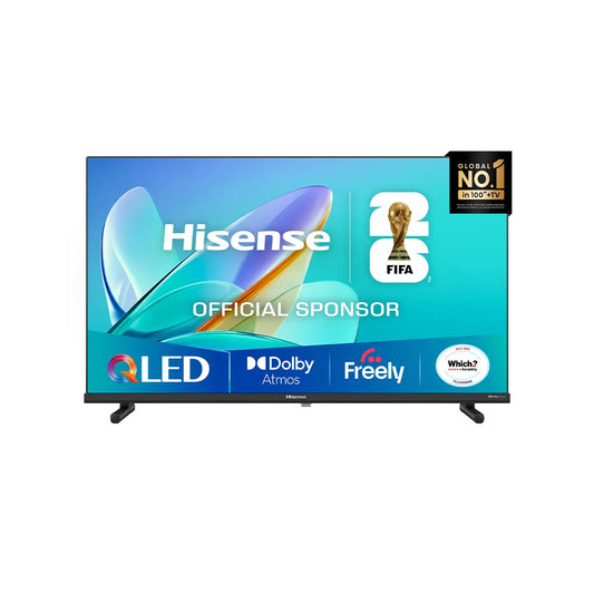 Hisense QLED TV with FIFA sponsorship logo on a white background