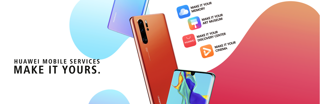 Huawei Mobile Services promotional image with Huawei smartphones and app icons on colorful background