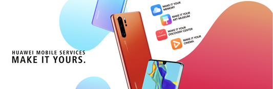Huawei Mobile Services promotional image with Huawei smartphones and app icons on colorful background