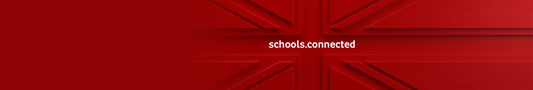 Red banner with subtle Union Jack design and white text schools.connected promoting Vodafone schools scheme