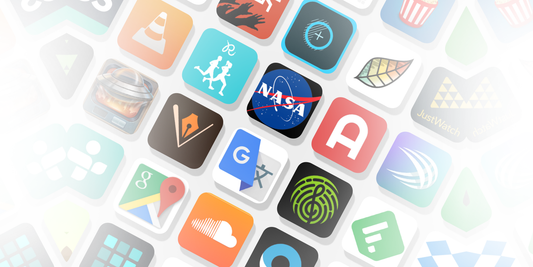 Grid of colorful smartphone app icons including NASA, Google Maps, SoundCloud, and Google Translate