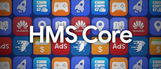 Colorful app icons including Huawei, ads, gaming, and location with HMS Core text overlay