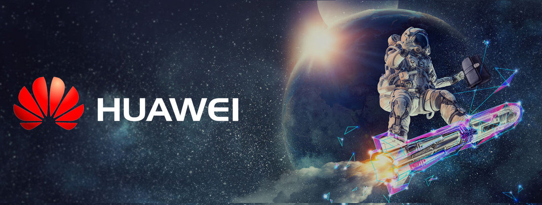 Huawei logo with astronaut riding a digital rocket in space near Earth and sun in background