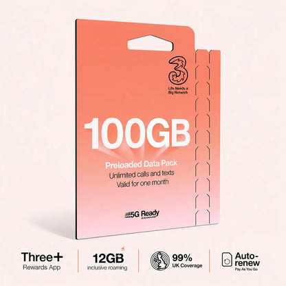 Three Mobile PAYG Voice SIM Pack | 100GB | £15