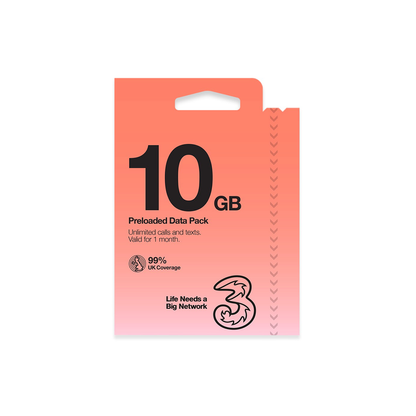 Three Mobile PAYG Voice SIM Pack - 10GB - £10