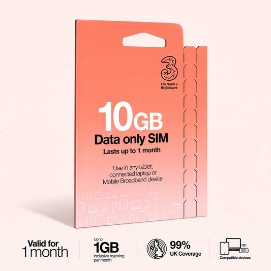 Three PAYG Mobile Broadband SIM | Pre-loaded with 10GB of Data | Lasts up to 1 Month