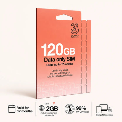 Three PAYG Mobile Broadband SIM | Pre-loaded with 120GB of Data | Lasts up to 12 Months