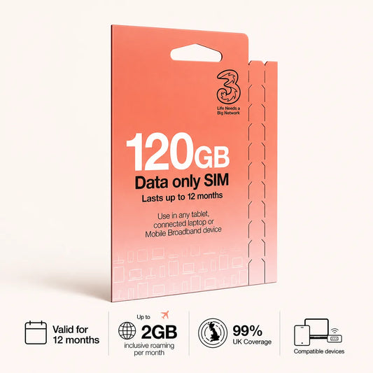 Three PAYG Mobile Broadband SIM | Pre-loaded with 120GB of Data | Lasts up to 12 Months
