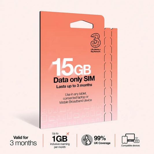 Three PAYG Mobile Broadband SIM | Pre-loaded with 15GB of Data | Lasts up to 3 Months