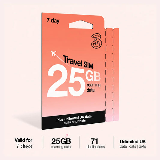 Three 7 Day Travel Sim | Unlimited Voice with 25GB Data Roaming