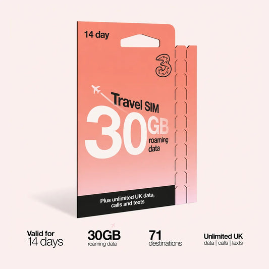 Three 14 Day Travel Sim | Unlimited Voice with 30GB Data Roaming