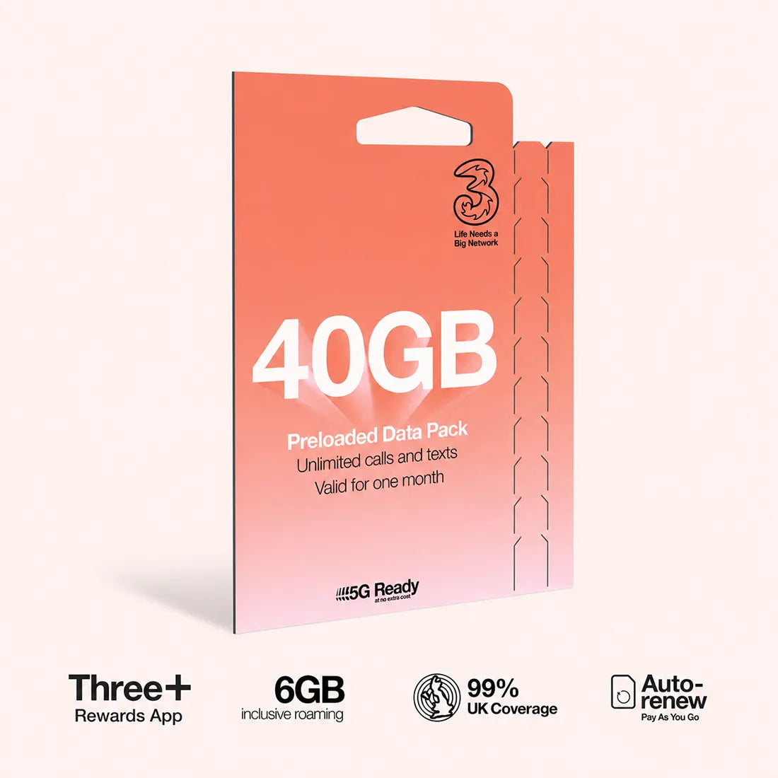 Three Mobile PAYG Voice SIM Pack  |  40GB  |  £10