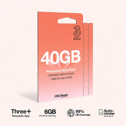 Three Mobile PAYG Voice SIM Pack  |  40GB  |  £10