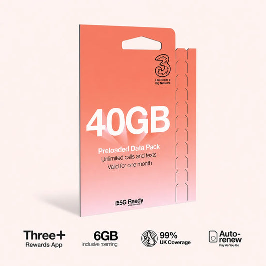 Three Mobile PAYG Voice SIM Pack  |  40GB  |  £10