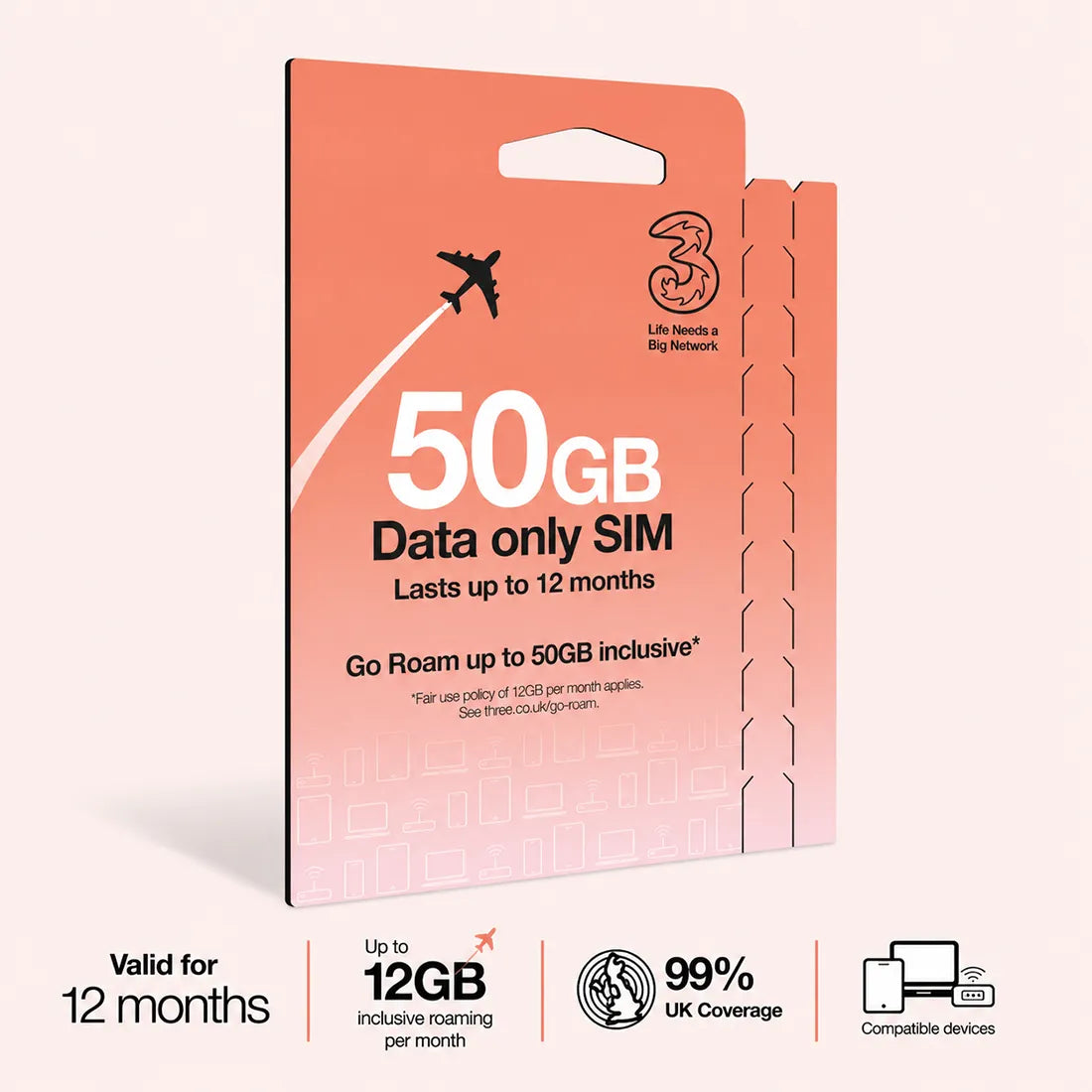Three PAYG Mobile Broadband SIM | Pre-loaded with 50GB of Data | Lasts up to 12 Months