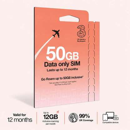 Three PAYG Mobile Broadband SIM | Pre-loaded with 50GB of Data | Lasts up to 12 Months