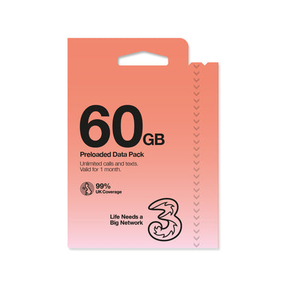 Three Mobile PAYG Voice SIM Pack - 60GB- £20