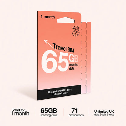 Three 30 Day Travel Sim | Unlimited Voice with 65GB Data Roaming