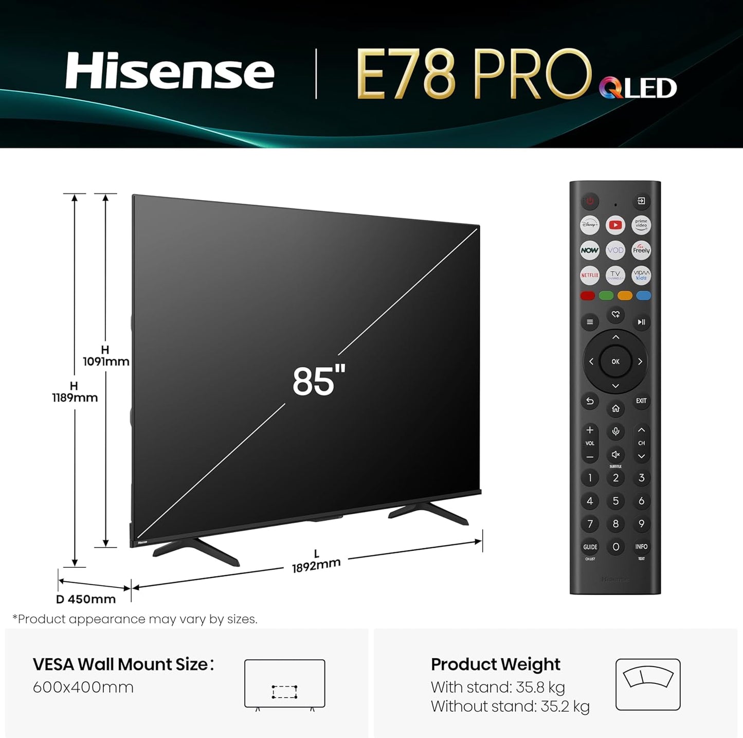 Hisense E78Q PRO 85" QLED 4K 144Hz Smart TV - 85E78QTUK PRO