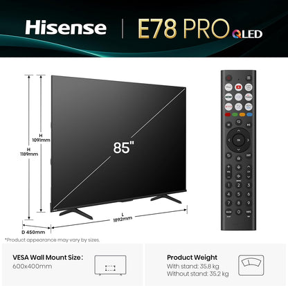 Hisense E78Q PRO 85" QLED 4K 144Hz Smart TV - 85E78QTUK PRO