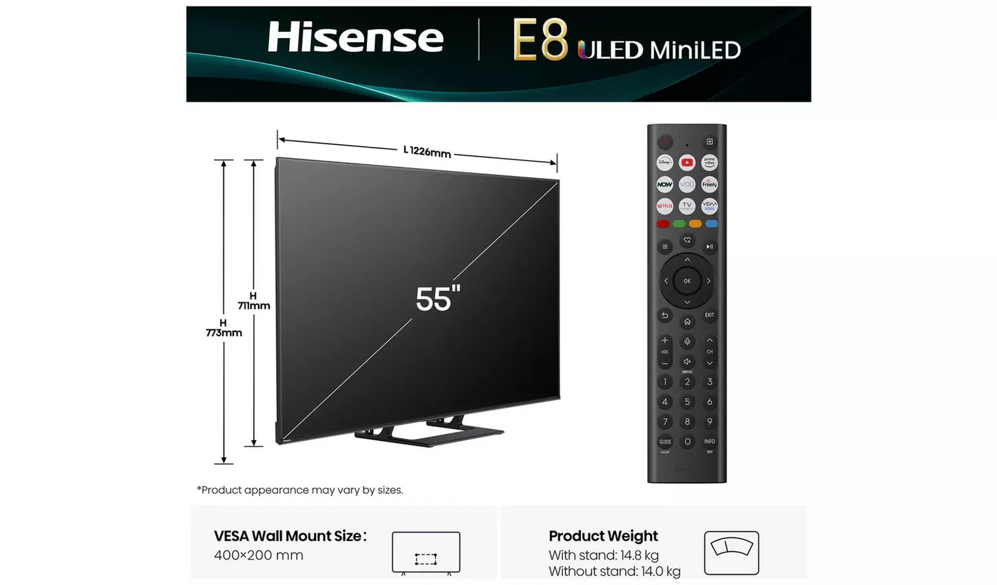 Hisense 55" E8Q Mini-LED 4K Ultra HD 144Hz Smart TV – 55E8QTUK