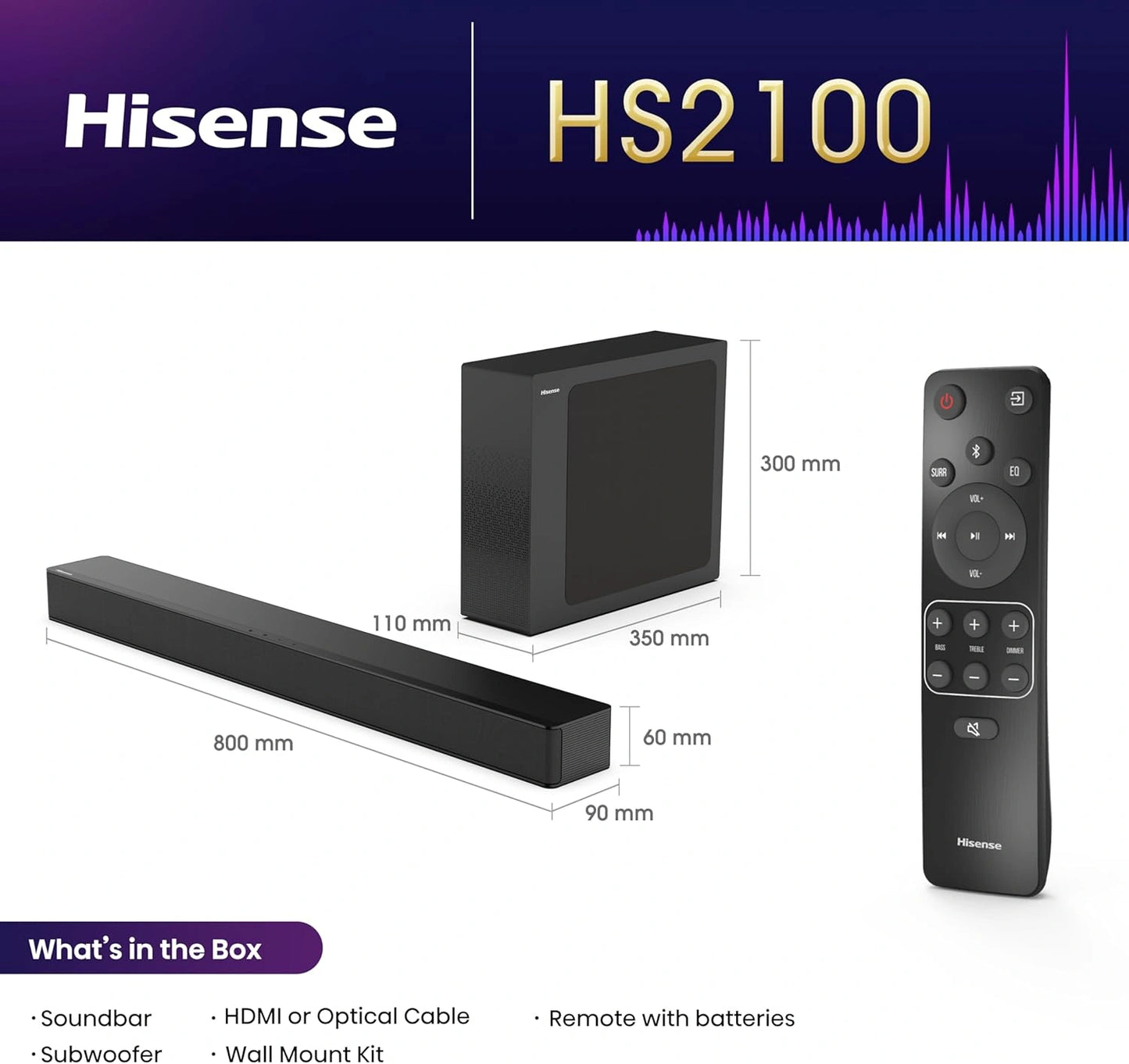 Hisense HS2100 2.1 Channel Soundbar | 240W, Dolby Audio, DTS Virtual:X, Wireless Subwoofer