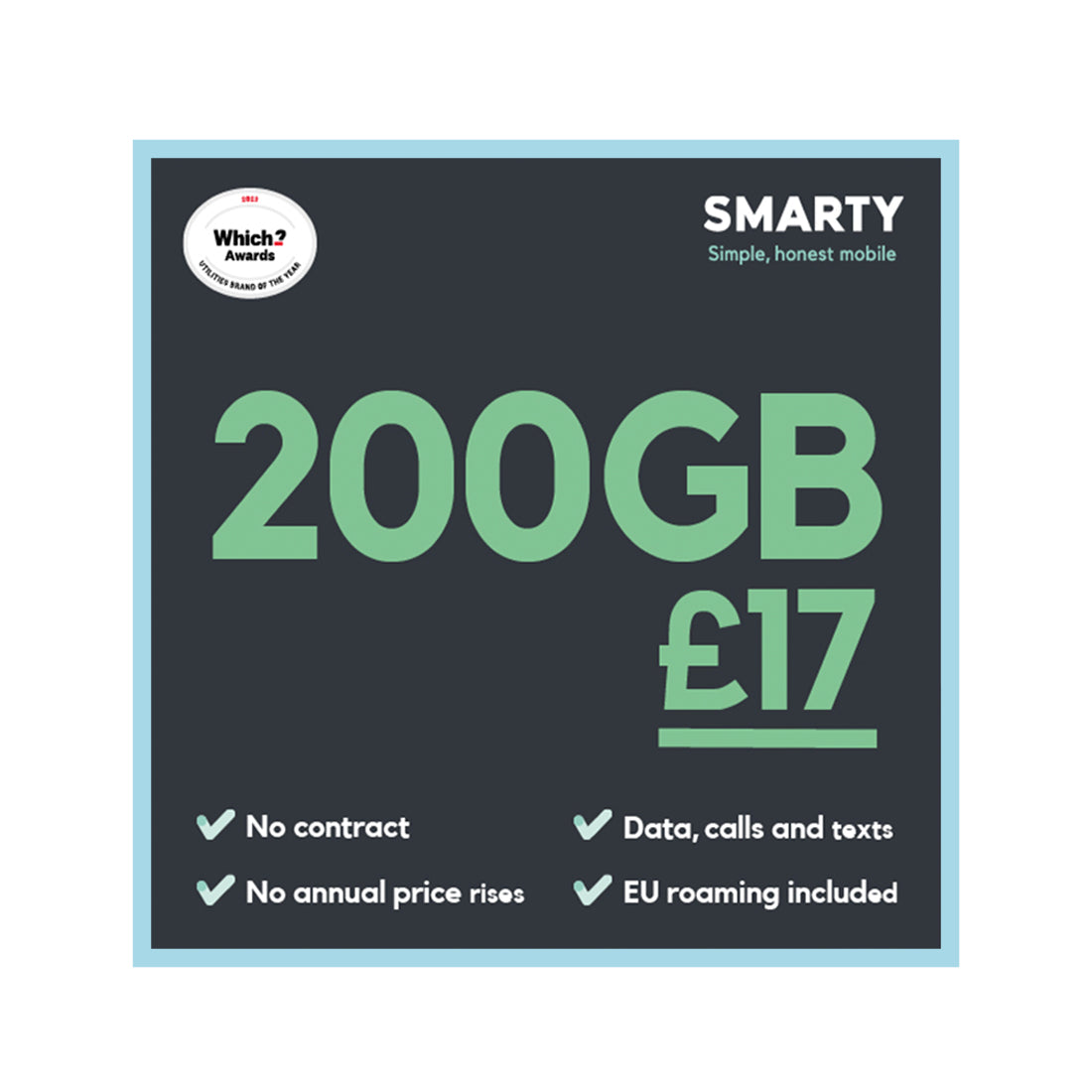 SMARTY SIM - 200GB for £17 Per Month