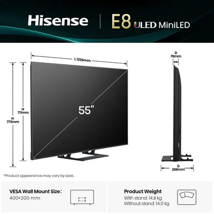 Hisense 55" E8Q Mini-LED 4K Ultra HD 144Hz Smart TV – 55E8QTUK