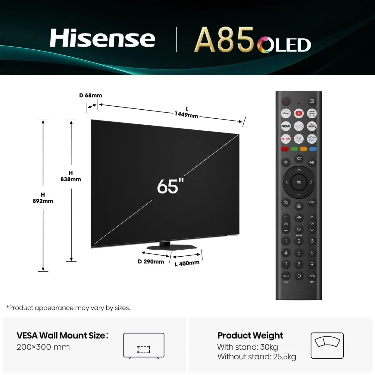 Hisense A85Q 65" OLED 4K 120Hz Smart TV - 65A85QTUK