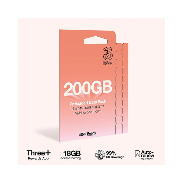 Three Mobile PAYG Voice SIM Pack | 200GB | £20