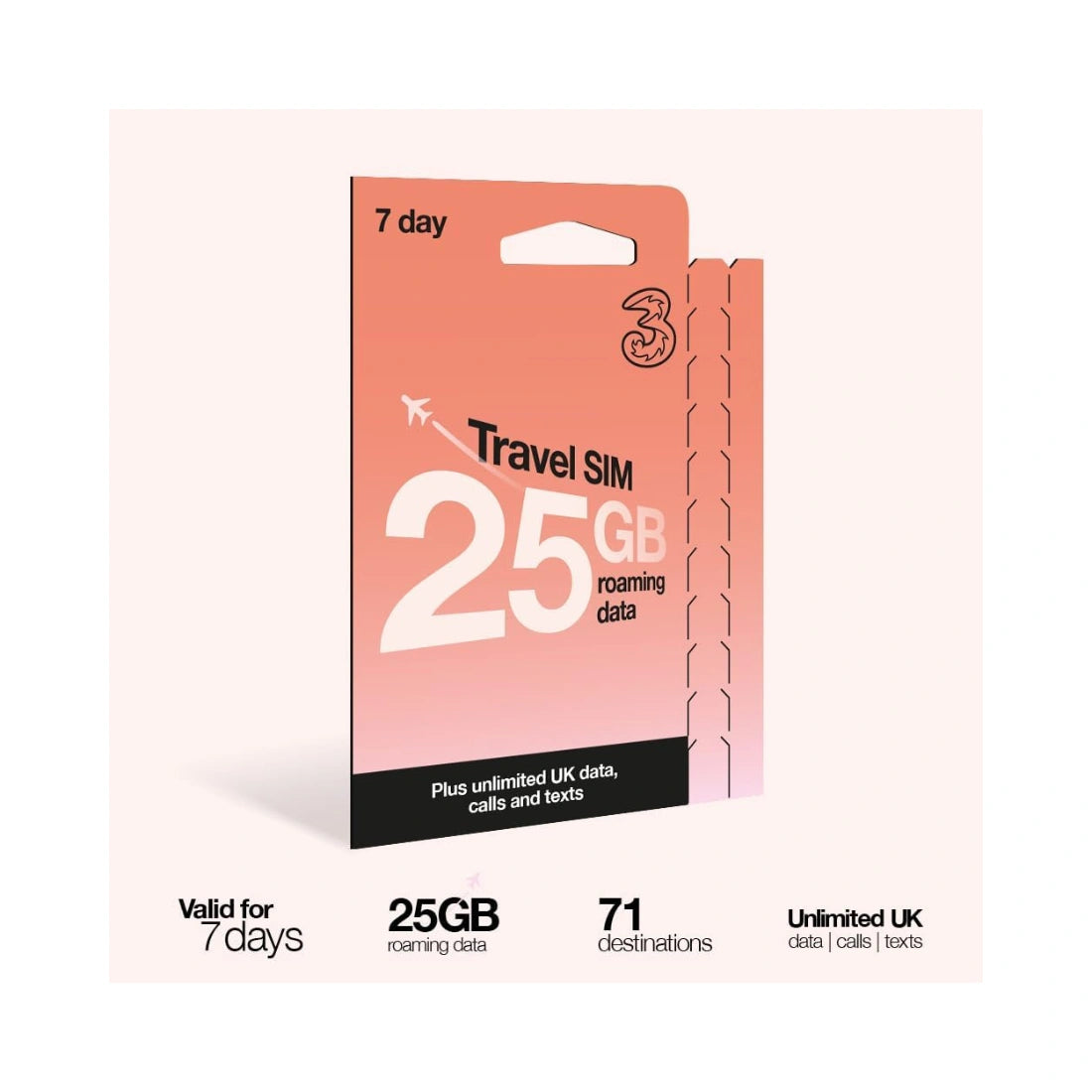 Three 7 Day Travel Sim | Unlimited Voice with 25GB Data Roaming