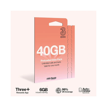 Three Mobile PAYG Voice SIM Pack  |  40GB  |  £10