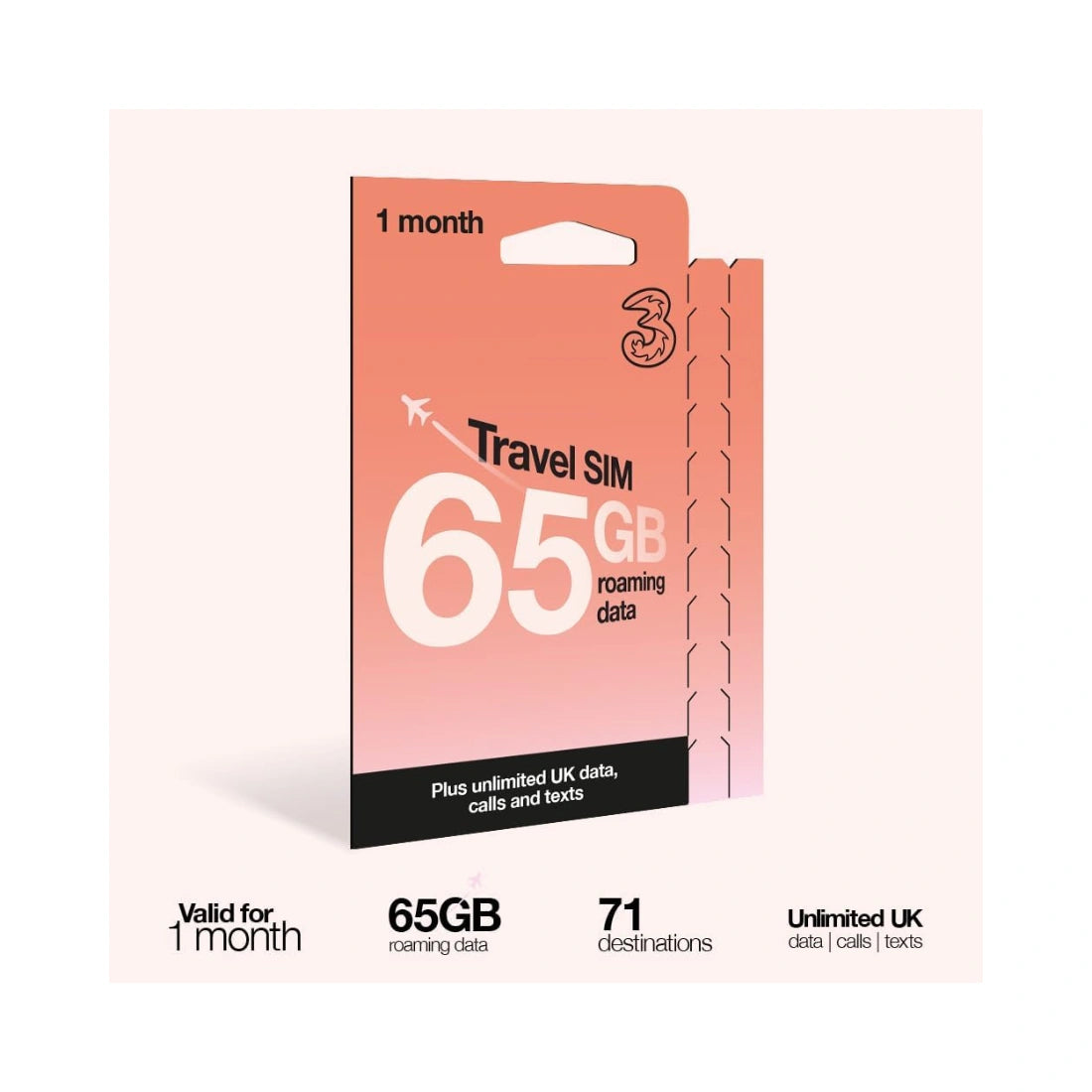 Three 30 Day Travel Sim | Unlimited Voice with 65GB Data Roaming