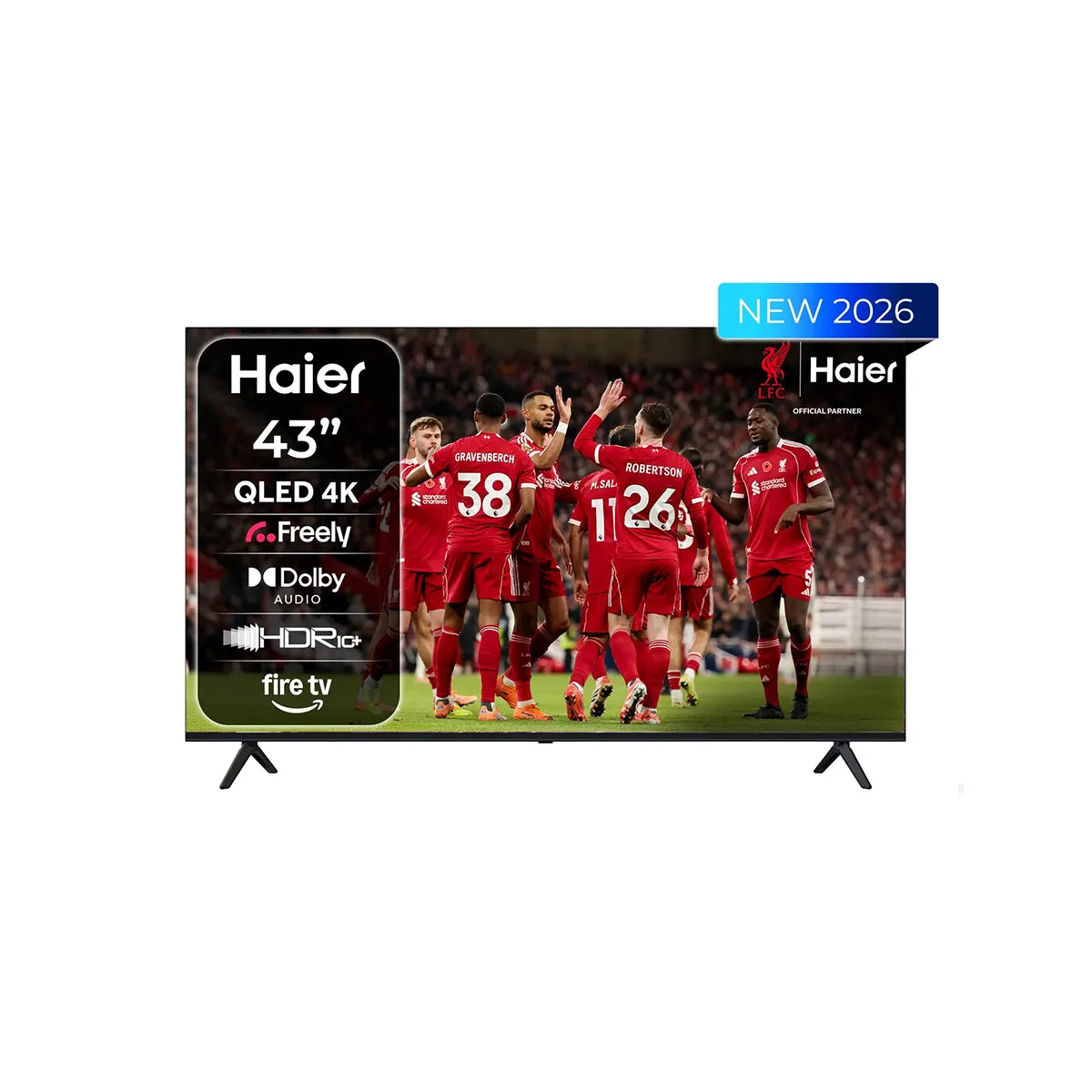 Haier 43-inch QLED 4K smart TV shown on a white background, displaying a football match scene with players in red kits. The TV screen includes feature callouts such as QLED 4K, Dolby Audio, HDR10, and fire tv, with a blue 'NEW 2026' badge in the top right corner.