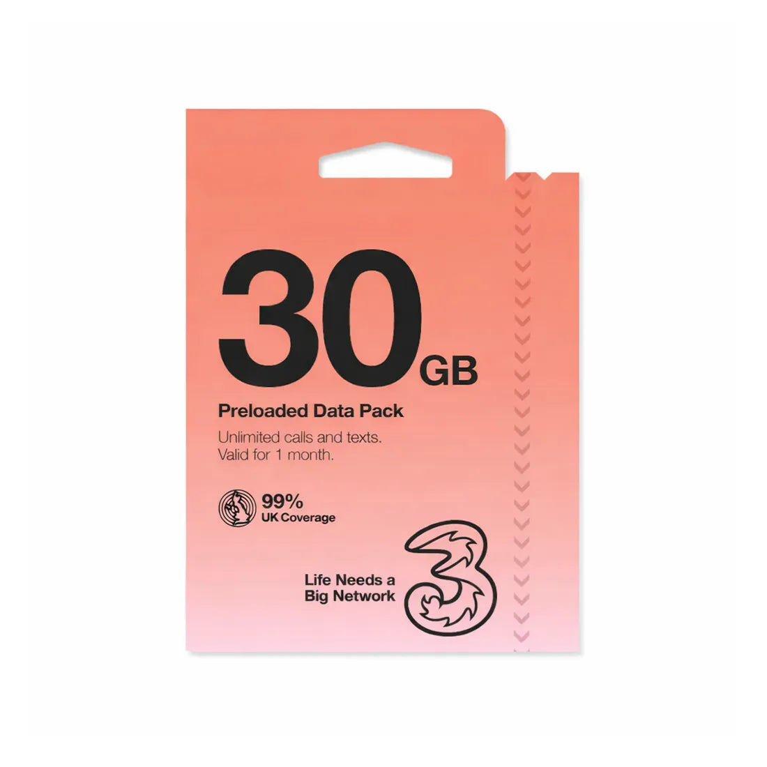 Three PAYG Voice SIM card with 30GB data prepaid pack packaging