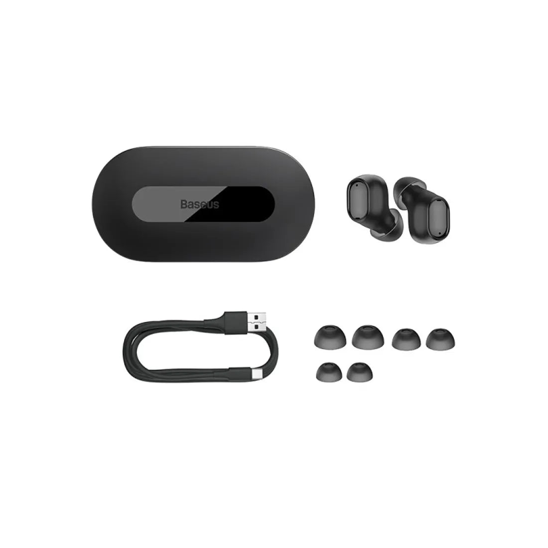 Baseus Bowie EZ10 true wireless earbuds with charging case and accessories