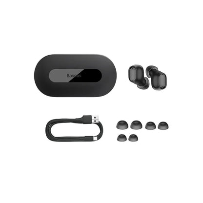 Baseus Bowie EZ10 true wireless earbuds with charging case and accessories