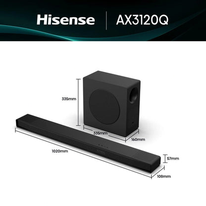 Hisense AX3120Q Dolby Atmos Soundbar | 3.1.2 Channel, 500W, Wireless Subwoofer & Rear Speakers