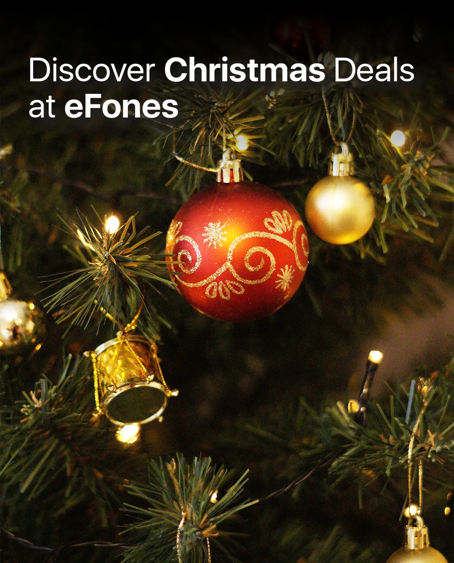 Discover Christmas deals at eFones, featuring festive decorations, red and gold baubles and warm Christmas lights.