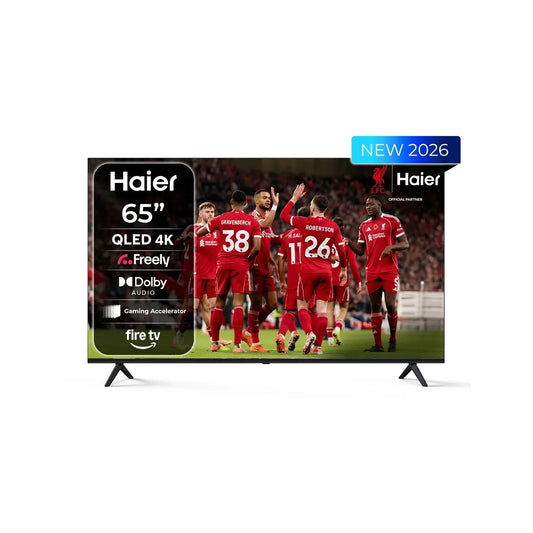 Haier 65-inch H65S80GUF QLED 4K UHD Smart TV with Freely, Dolby Audio, Fire TV and Liverpool FC branding, 2026 model.
