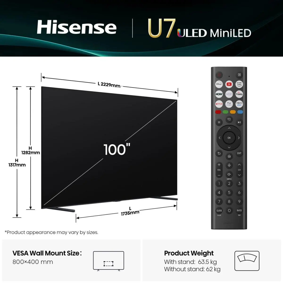 Hisense 100U7QTUK TV Dimensions with Remote Control