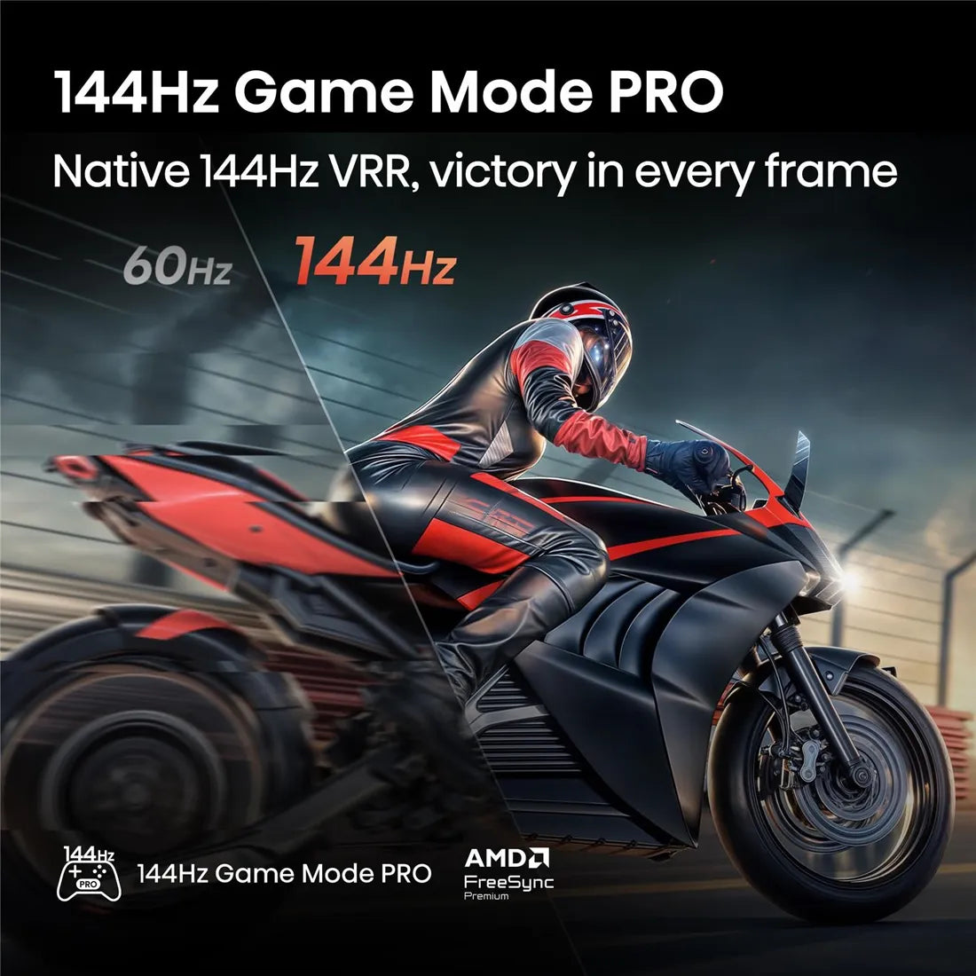 Hisense 144Hz Game Mode PRO in action, showing ultra-smooth motion with VRR, low input lag and tear-free gameplay powered by AMD FreeSync Premium PRO.