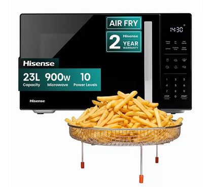 Hisense 23L 900W air fryer microwave in black with air frying basket and chips