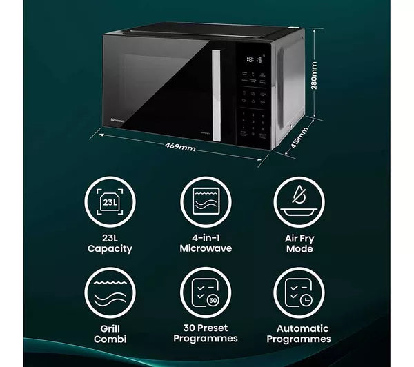 Hisense 23L 4-in-1 microwave with air fry, grill, 30 preset programmes and automatic cooking functions