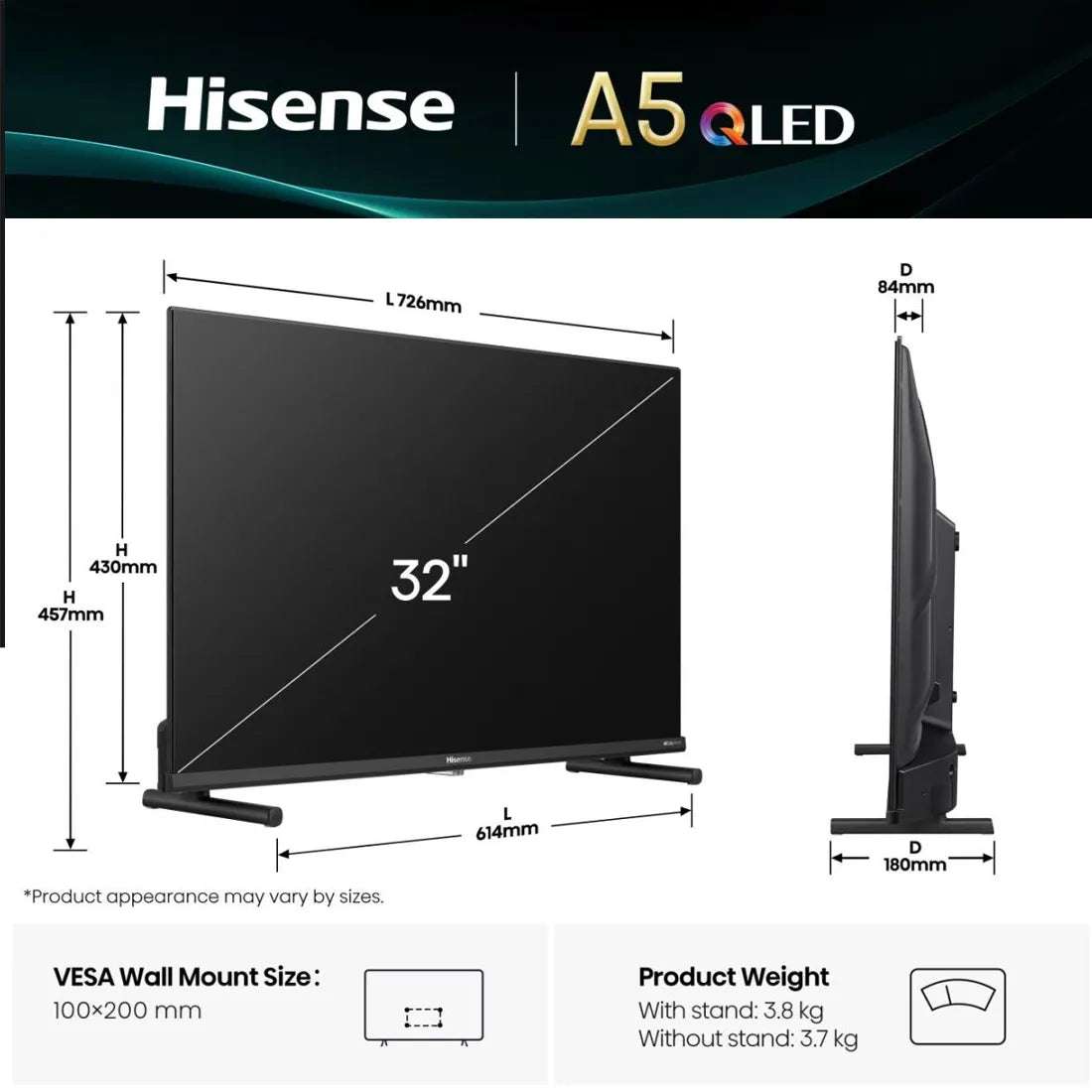 Hisense 32 inch A5Q QLED Smart TV dimensions diagram showing width height depth and VESA mount size