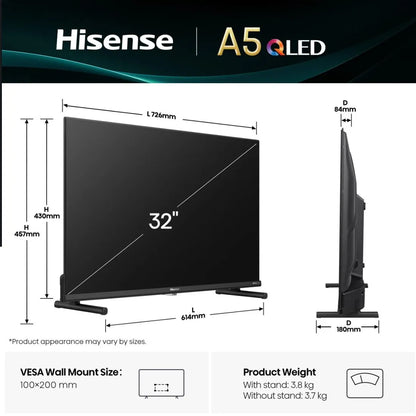 Hisense 32 inch A5Q QLED Smart TV dimensions diagram showing width height depth and VESA mount size