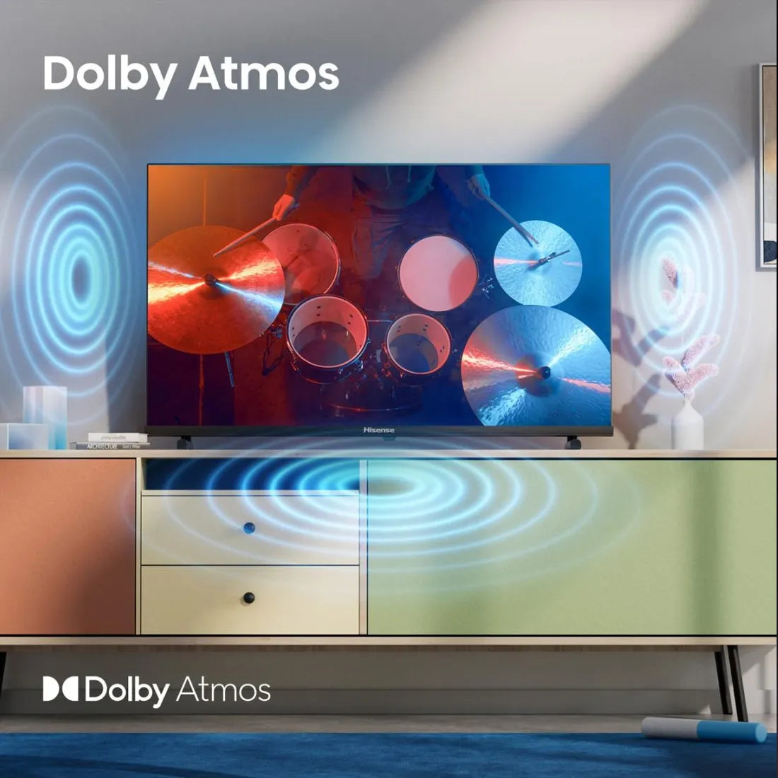 Dolby Atmos audio feature illustration on Hisense 32 inch A5Q QLED Smart TV for immersive sound experience